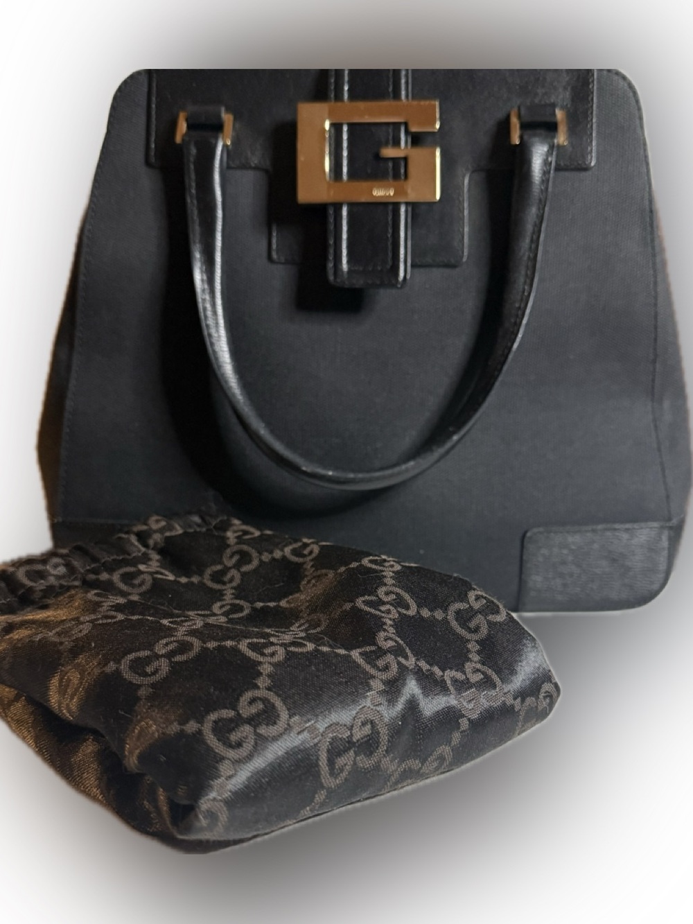 Gucci Black Satchel with Gold G-Buckle and Logo Pouch